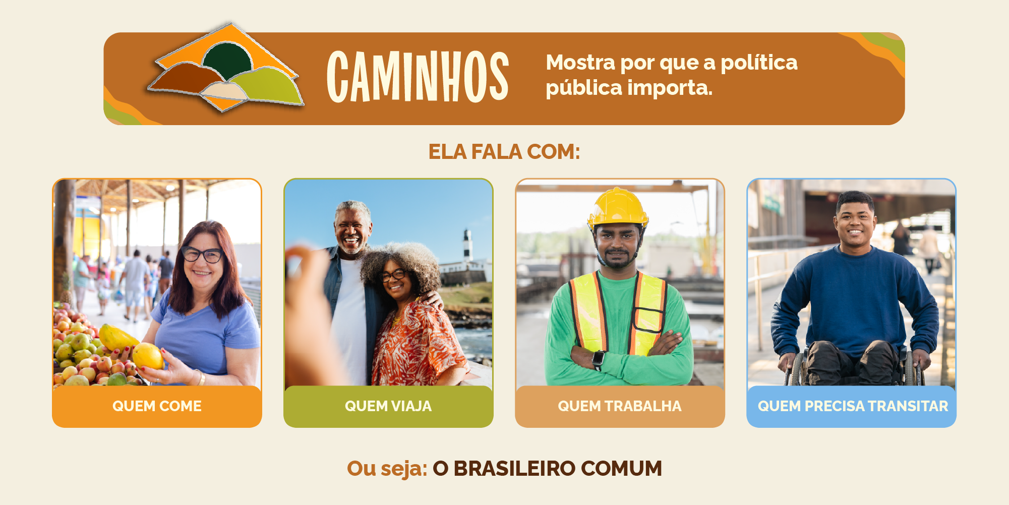 CAMINHOS - Mostra por que a politica publica importa. Ela fala com: quem come, quem viaja, quem trabalha, quem precisa transitar. Ou seja: o brasileiro comum.